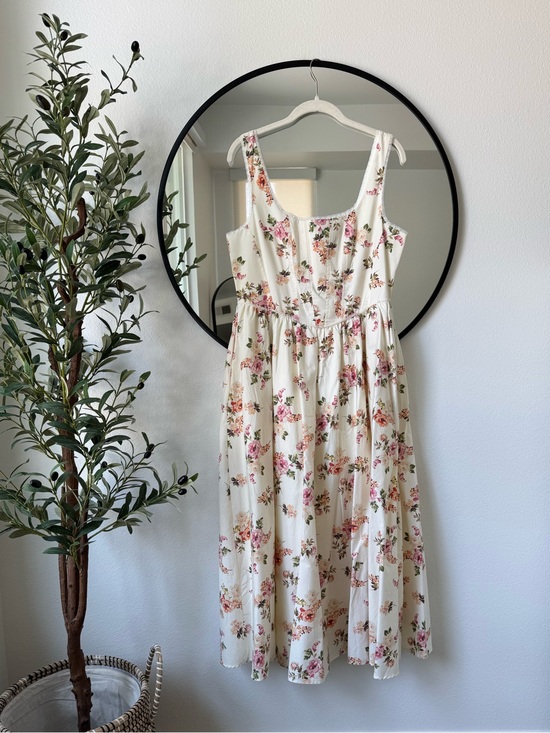 Wayf Dresses & Skirts - WAYF Cream Floral Corset Midi Dress with Pink & Green Accents L
